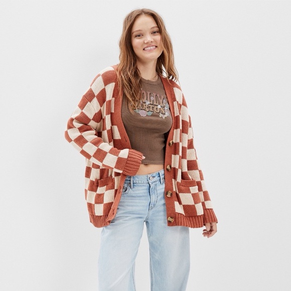 AE Checker Cardigan in Burnt Orange and Cream Size Medium Cotton Blend - Picture 10 of 10